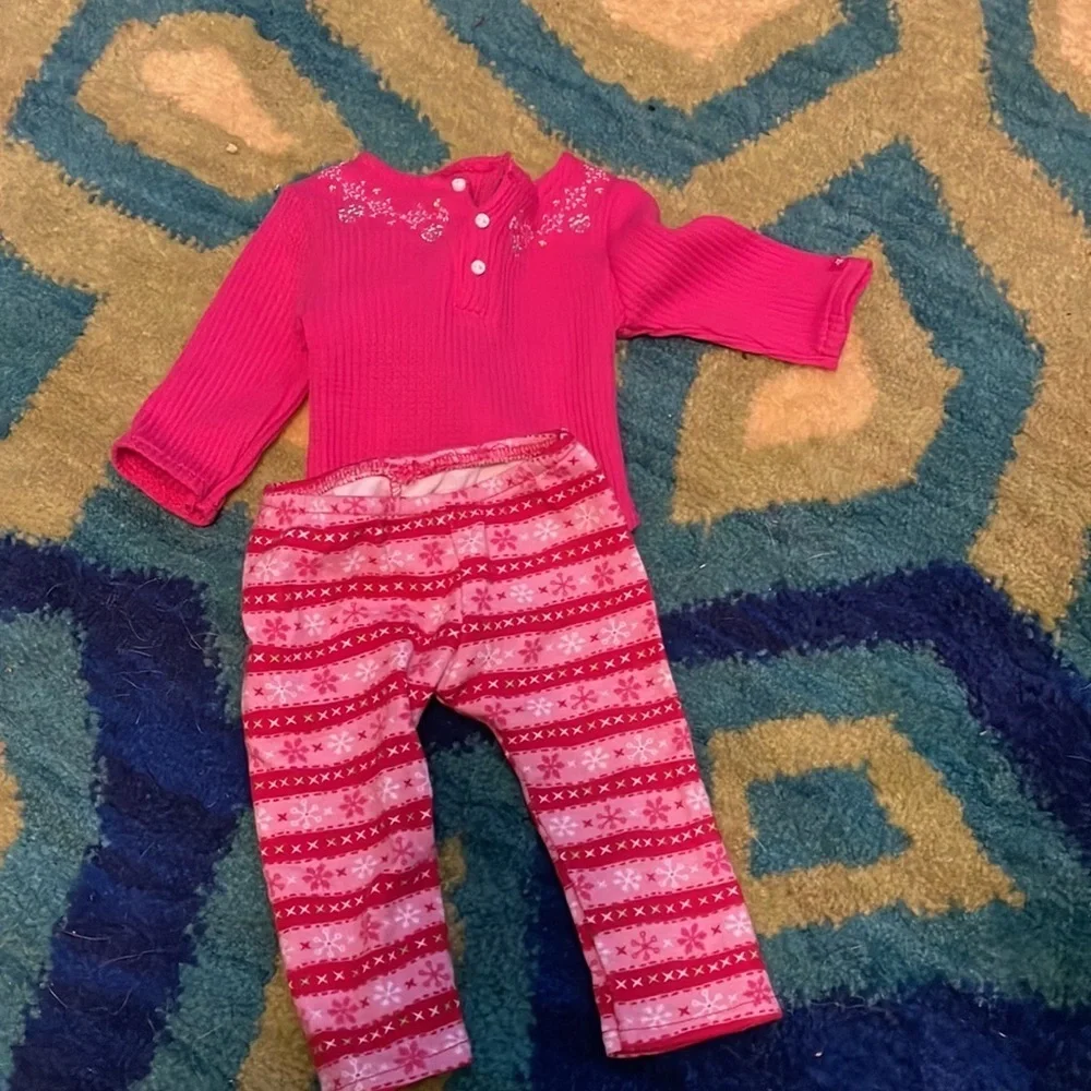 American Girl Pink Thermal Fair Isle Pajamas XS 6x with matching doll pajamas